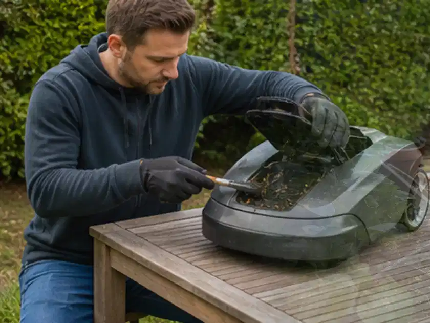 Person wartet einen geöffneten Mähroboter auf einem stabilen Gartentisch; Thema Mähroboter mit GPS, Schwerpunkt Sicherheit; Titelbild.