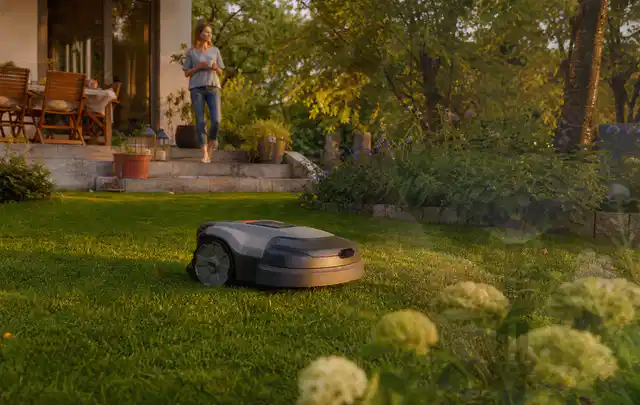 Mähroboter fährt am Abend über einen Rasen im Familiengarten; Thema Mähroboter mit GPS, Schwerpunkt Systemvergleich; Ausgangslage.
