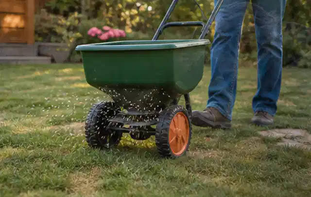 Person verteilt Rasensamen mit einem Streuwagen auf einer lückigen Fläche; Thema Mähroboter mit GPS, Schwerpunkt Systemvergleich; Umsetzung.