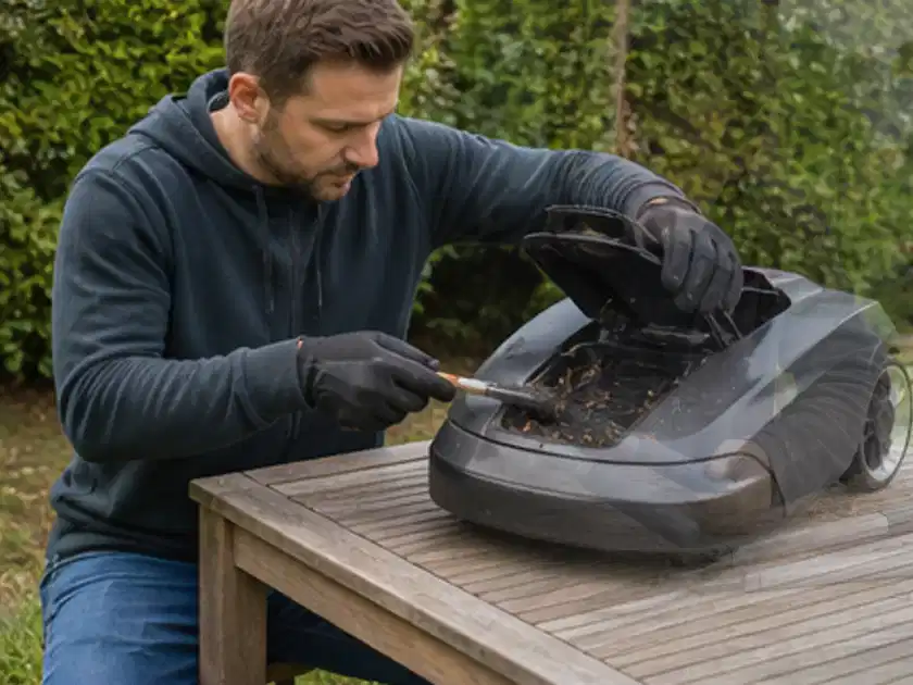 Person wartet einen geöffneten Mähroboter auf einem stabilen Gartentisch; Thema Mähroboter mit GPS, Schwerpunkt Testkriterien; Titelbild.