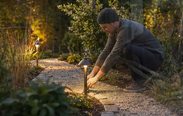 Person richtet eine niedrige warm leuchtende Gartenlampe am Kiesweg aus; Thema Mähroboter mit GPS, Schwerpunkt Testkriterien; Ausgangslage.
