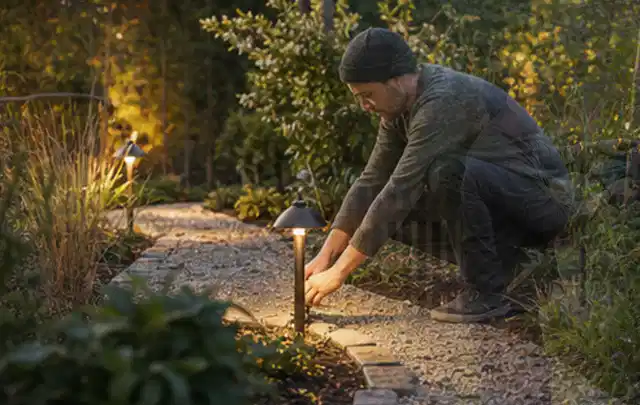 Person richtet eine niedrige warm leuchtende Gartenlampe am Kiesweg aus; Thema Mähroboter mit GPS, Schwerpunkt Wartung; Kontrolle.