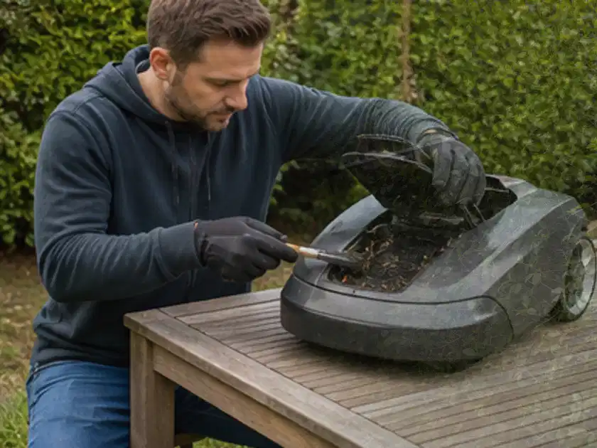 Person wartet einen geöffneten Mähroboter auf einem stabilen Gartentisch; Thema Mähroboter mit GPS, Schwerpunkt Winterlager; Titelbild.