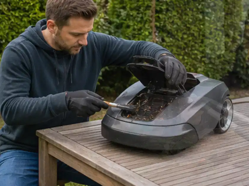 Person wartet einen geöffneten Mähroboter auf einem stabilen Gartentisch; Thema Mähroboter ohne Begrenzungskabel, Schwerpunkt Checkliste; Titelbild.