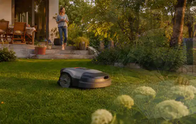 Mähroboter fährt am Abend über einen Rasen im Familiengarten; Thema Mähroboter ohne Begrenzungskabel, Schwerpunkt Checkliste; Ergebnis.