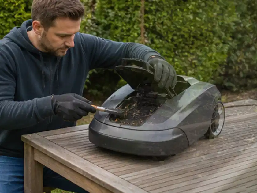 Person wartet einen geöffneten Mähroboter auf einem stabilen Gartentisch; Thema Mähroboter ohne Begrenzungskabel, Schwerpunkt Dimensionierung; Titelbild.