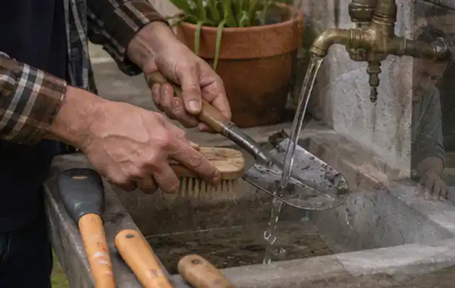 Hände reinigen gebrauchte Gartengeräte mit Bürste und Wasser am Außenbecken; Thema Mähroboter ohne Begrenzungskabel, Schwerpunkt Dimensionierung; Ergebnis.
