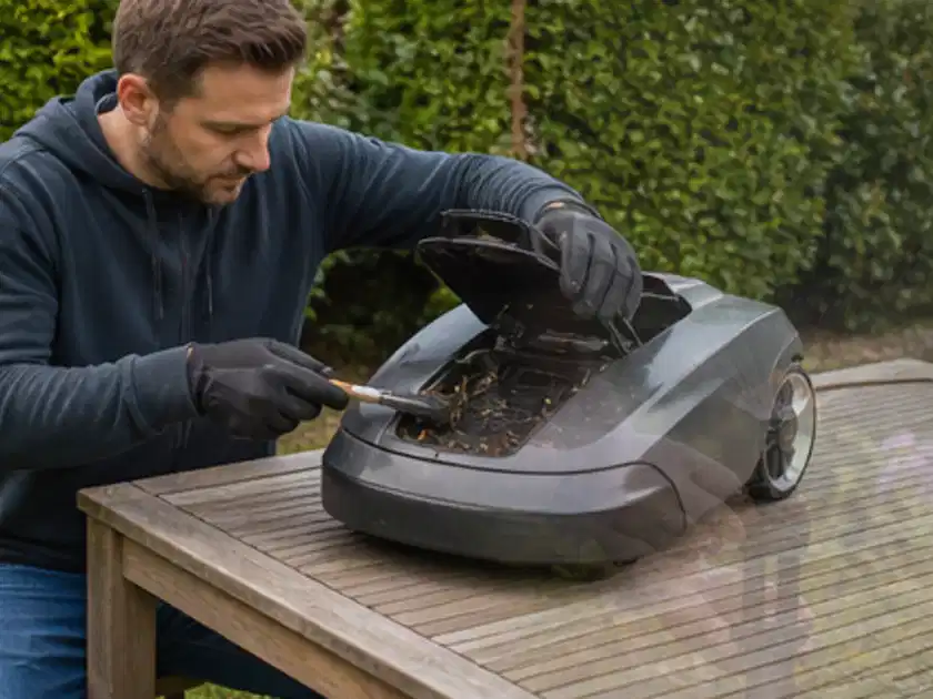Person wartet einen geöffneten Mähroboter auf einem stabilen Gartentisch; Thema Mähroboter ohne Begrenzungskabel, Schwerpunkt Gärten mit kleiner Fläche;…