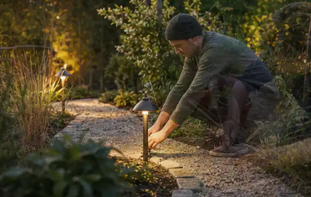 Person richtet eine niedrige warm leuchtende Gartenlampe am Kiesweg aus; Thema Mähroboter ohne Begrenzungskabel, Schwerpunkt Leistung; Kontrolle.
