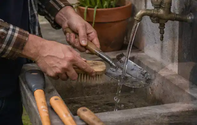 Hände reinigen gebrauchte Gartengeräte mit Bürste und Wasser am Außenbecken; Thema Mähroboter ohne Begrenzungskabel, Schwerpunkt Reparatur; Umsetzung.