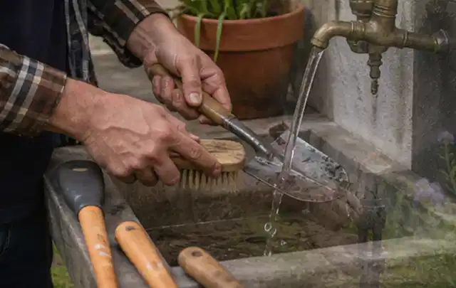 Hände reinigen gebrauchte Gartengeräte mit Bürste und Wasser am Außenbecken; Thema Mähroboter ohne Begrenzungskabel, Schwerpunkt Sicherheit; Praxisalltag.