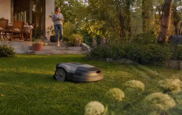 Mähroboter fährt am Abend über einen Rasen im Familiengarten; Thema Mähroboter ohne Begrenzungskabel, Schwerpunkt Testkriterien; Umsetzung.