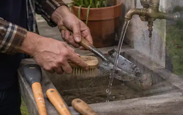 Hände reinigen gebrauchte Gartengeräte mit Bürste und Wasser am Außenbecken; Thema Mähroboter, Schwerpunkt Themenwelt; Ergebnis.