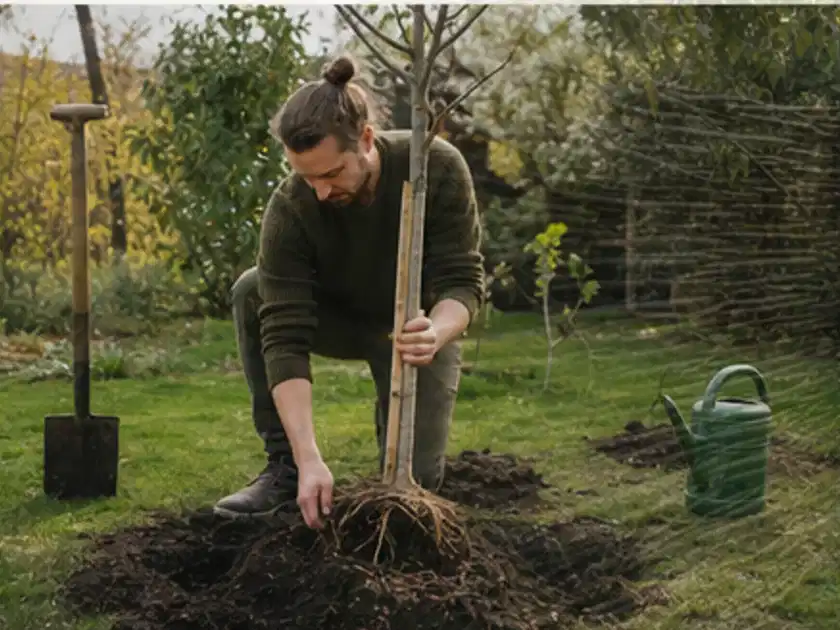 Person setzt einen jungen Zierbaum in ein vorbereitetes Pflanzloch im Garten; Thema Magnolien, Schwerpunkt Boden; Titelbild.