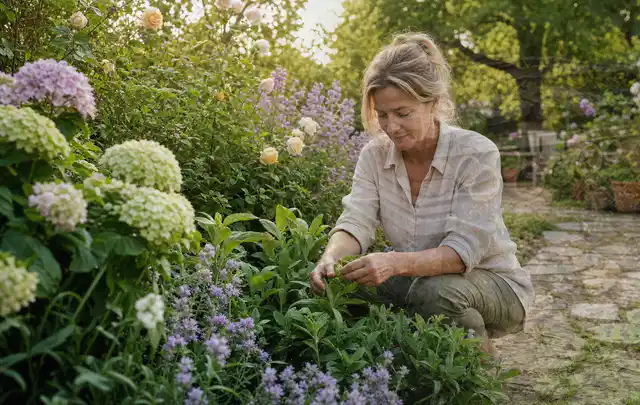Person pflegt üppige Pflanzen in einem natürlich beleuchteten Garten; Thema Magnolien, Schwerpunkt Boden; Ergebnis.