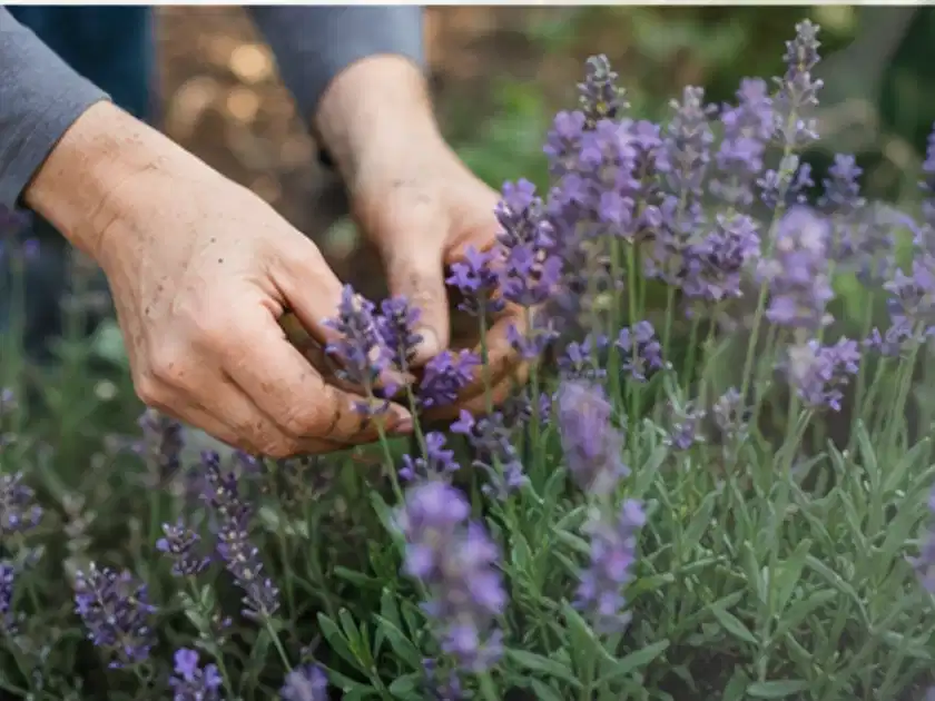 Hände pflegen blühenden Lavendel in einem natürlich angelegten Gartenbeet; Thema Magnolien, Schwerpunkt Düngung; Titelbild.