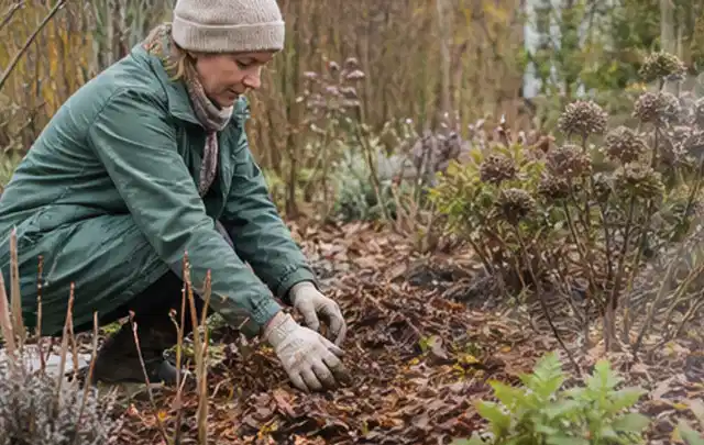 Person verteilt eine schützende Mulchschicht zwischen winterlichen Stauden; Thema Magnolien, Schwerpunkt Düngung; Ausgangslage.