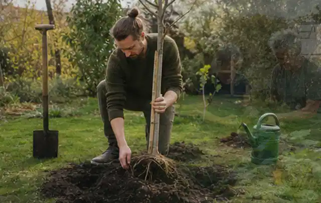 Person setzt einen jungen Zierbaum in ein vorbereitetes Pflanzloch im Garten; Thema Magnolien, Schwerpunkt Düngung; Ergebnis.