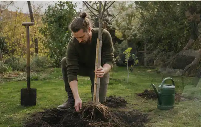 Person setzt einen jungen Zierbaum in ein vorbereitetes Pflanzloch im Garten; Thema Magnolien, Schwerpunkt Einsteigerwissen; Praxisalltag.
