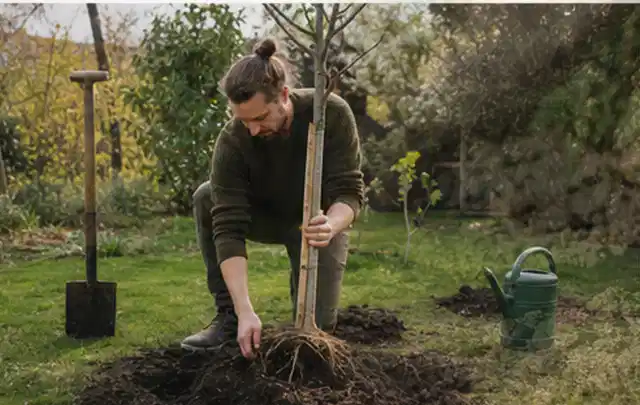Person setzt einen jungen Zierbaum in ein vorbereitetes Pflanzloch im Garten; Thema Magnolien, Schwerpunkt Gartenpraxis; Umsetzung.