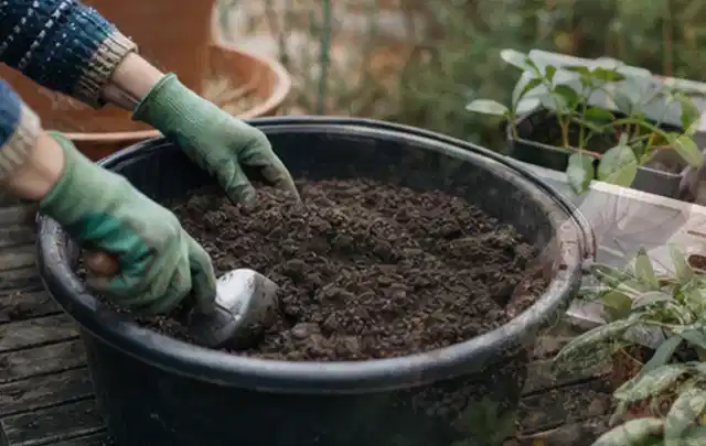 Behandschuhte Hände bereiten lockere Pflanzerde in einem großen Kübel vor; Thema Magnolien, Schwerpunkt Kaufberatung; Ergebnis.