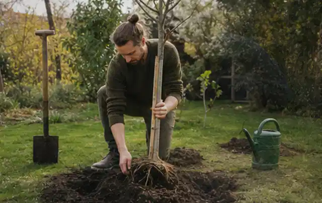 Person setzt einen jungen Zierbaum in ein vorbereitetes Pflanzloch im Garten; Thema Magnolien, Schwerpunkt Kaufberatung; Praxisalltag.