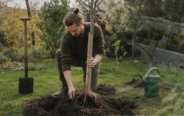 Person setzt einen jungen Zierbaum in ein vorbereitetes Pflanzloch im Garten; Thema Magnolien, Schwerpunkt Pflanzengesundheit; Ausgangslage.