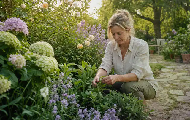 Person pflegt üppige Pflanzen in einem natürlich beleuchteten Garten; Thema Magnolien, Schwerpunkt Pflanzenschutz; Praxisalltag.