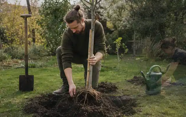 Person setzt einen jungen Zierbaum in ein vorbereitetes Pflanzloch im Garten; Thema Magnolien, Schwerpunkt Pflanzpartner; Ausgangslage.
