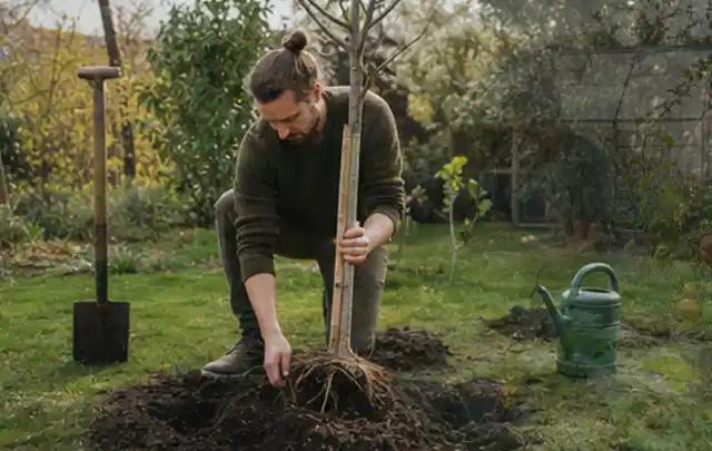 Person setzt einen jungen Zierbaum in ein vorbereitetes Pflanzloch im Garten; Thema Magnolien, Schwerpunkt Problemlösung; Kontrolle.