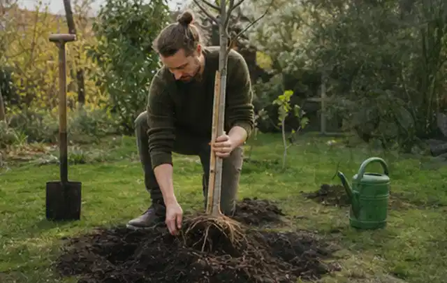 Person setzt einen jungen Zierbaum in ein vorbereitetes Pflanzloch im Garten; Thema Magnolien, Schwerpunkt Rückschnitt; Praxisalltag.