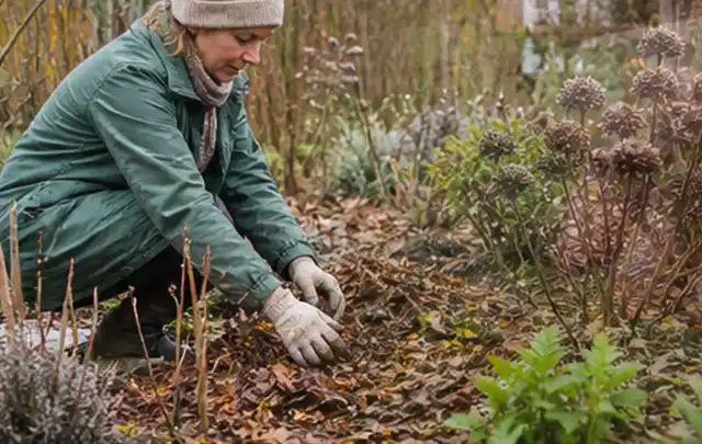 Person verteilt eine schützende Mulchschicht zwischen winterlichen Stauden; Thema Magnolien, Schwerpunkt Sortenwahl; Ergebnis.