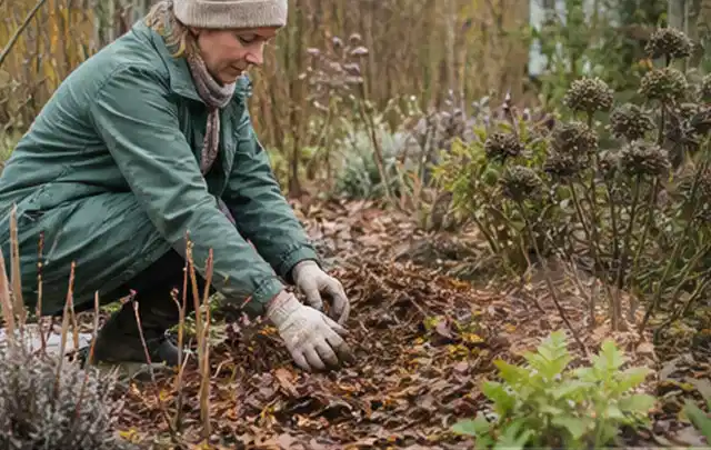 Person verteilt eine schützende Mulchschicht zwischen winterlichen Stauden; Thema Magnolien, Schwerpunkt Standort; Praxisalltag.