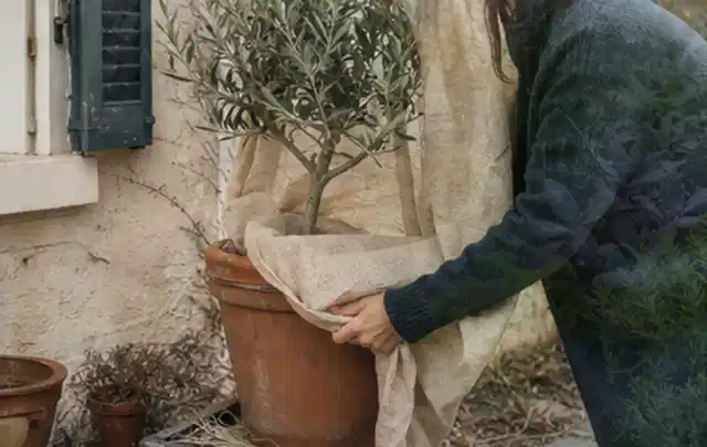 Person umhüllt eine mediterrane Kübelpflanze mit atmungsaktivem Winterschutz; Thema Magnolien, Schwerpunkt Vermehrung; Ergebnis.