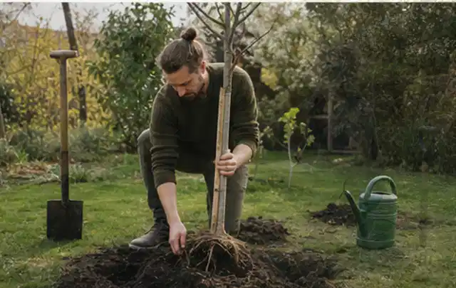 Person setzt einen jungen Zierbaum in ein vorbereitetes Pflanzloch im Garten; Thema Magnolien, Schwerpunkt Wachstum; Ergebnis.