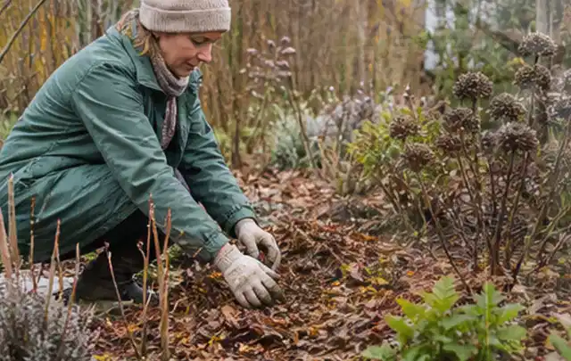 Person verteilt eine schützende Mulchschicht zwischen winterlichen Stauden; Thema Magnolien, Schwerpunkt Wachstum; Praxisalltag.