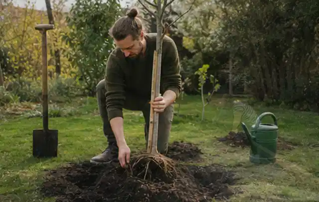 Person setzt einen jungen Zierbaum in ein vorbereitetes Pflanzloch im Garten; Thema Magnolien, Schwerpunkt Winterpflege; Praxisalltag.