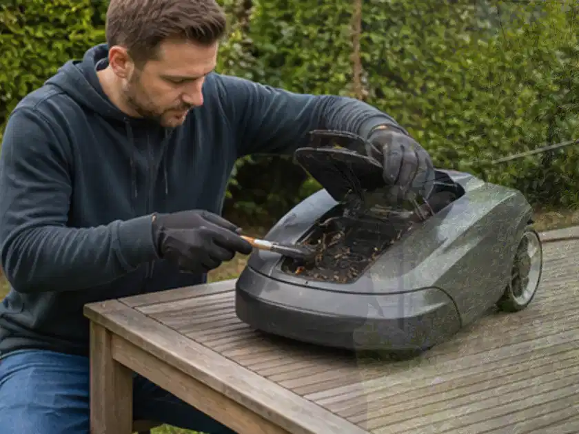 Person wartet einen geöffneten Mähroboter auf einem stabilen Gartentisch; Thema Mammotion Luba, Schwerpunkt Anwendung; Titelbild.