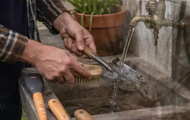 Hände reinigen gebrauchte Gartengeräte mit Bürste und Wasser am Außenbecken; Thema Mammotion Luba, Schwerpunkt Anwendung; Umsetzung.