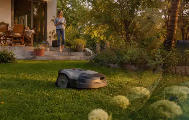 Mähroboter fährt am Abend über einen Rasen im Familiengarten; Thema Mammotion Luba, Schwerpunkt Checkliste; Praxisalltag.