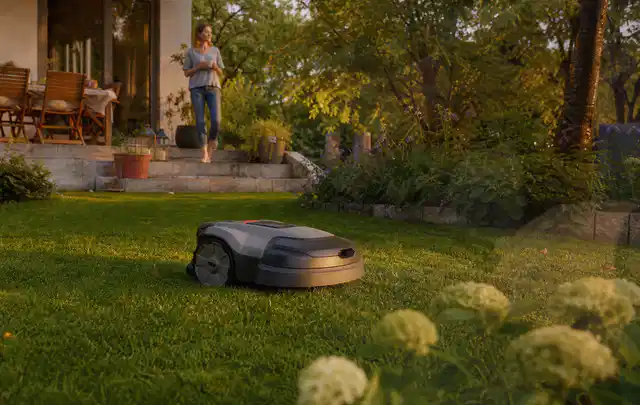 Mähroboter fährt am Abend über einen Rasen im Familiengarten; Thema Mammotion Luba, Schwerpunkt Dimensionierung; Ergebnis.