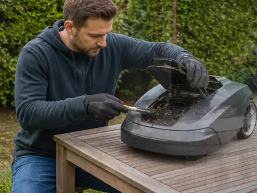 Person wartet einen geöffneten Mähroboter auf einem stabilen Gartentisch; Thema Mammotion Luba, Schwerpunkt Ersatzteile; Titelbild.