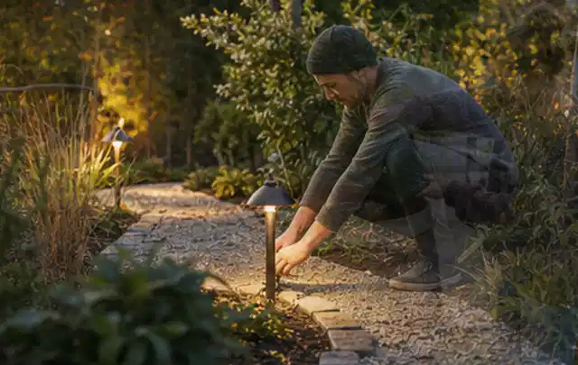 Person richtet eine niedrige warm leuchtende Gartenlampe am Kiesweg aus; Thema Mammotion Luba, Schwerpunkt Ersatzteile; Ausgangslage.