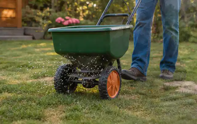Person verteilt Rasensamen mit einem Streuwagen auf einer lückigen Fläche; Thema Mammotion Luba, Schwerpunkt Ersatzteile; Umsetzung.