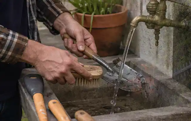 Hände reinigen gebrauchte Gartengeräte mit Bürste und Wasser am Außenbecken; Thema Mammotion Luba, Schwerpunkt Ersatzteile; Kontrolle.