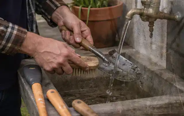 Hände reinigen gebrauchte Gartengeräte mit Bürste und Wasser am Außenbecken; Thema Mammotion Luba, Schwerpunkt Gärten mit großer Fläche; Kontrolle.