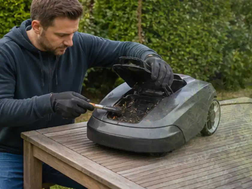 Person wartet einen geöffneten Mähroboter auf einem stabilen Gartentisch; Thema Mammotion Luba, Schwerpunkt Gärten mit kleiner Fläche; Titelbild.