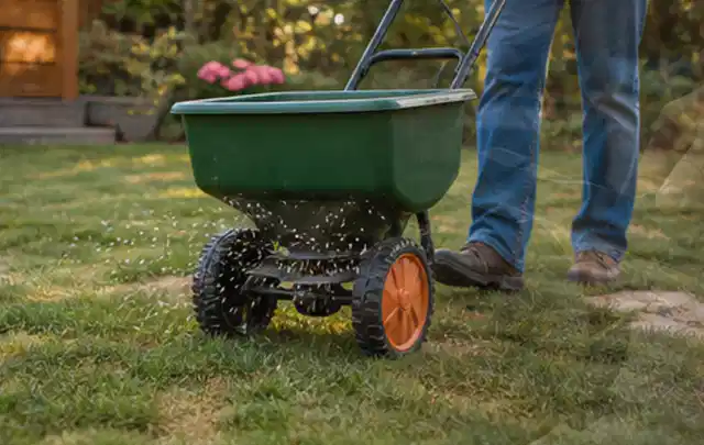 Person verteilt Rasensamen mit einem Streuwagen auf einer lückigen Fläche; Thema Mammotion Luba, Schwerpunkt Gärten mit kleiner Fläche; Kontrolle.