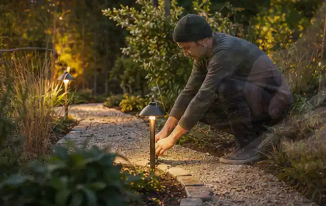 Person richtet eine niedrige warm leuchtende Gartenlampe am Kiesweg aus; Thema Mammotion Luba, Schwerpunkt Gärten mit kleiner Fläche; Praxisalltag.