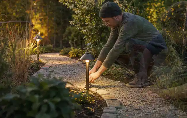 Person richtet eine niedrige warm leuchtende Gartenlampe am Kiesweg aus; Thema Mammotion Luba, Schwerpunkt Kaufberatung; Umsetzung.